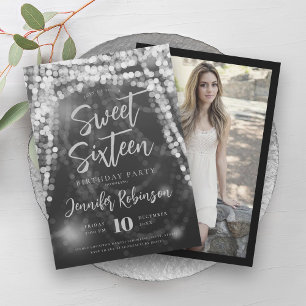 Elegant Silver String Lights Photo Sweet 16 Invitation