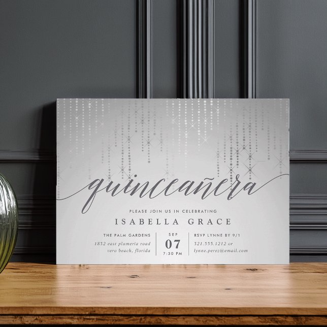 Elegant Silver String Lights Quinceanera Invitation (Creator Uploaded)