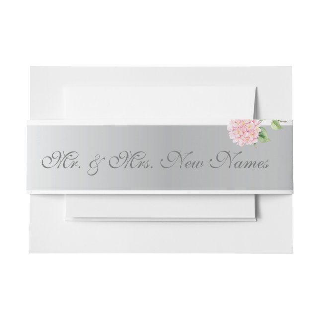 Elegant Silver Stripes and Pink Hydrangeas Wedding Invitation Belly Band (Front Example)