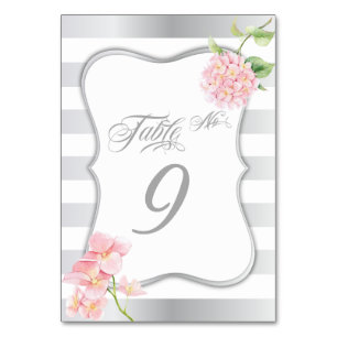 Elegant Silver Stripes Pink Hydrangea Table  Card
