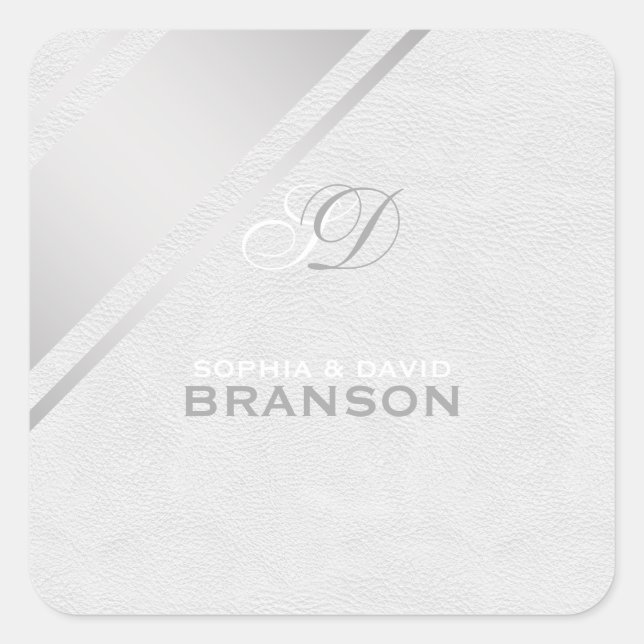 Elegant Silver Stripes White Leather Monogram Square Sticker (Front)