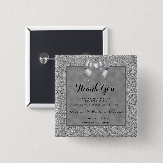 Elegant Silver & Stylish Glitter Wedding Favour 15 Cm Square Badge (Front & Back)