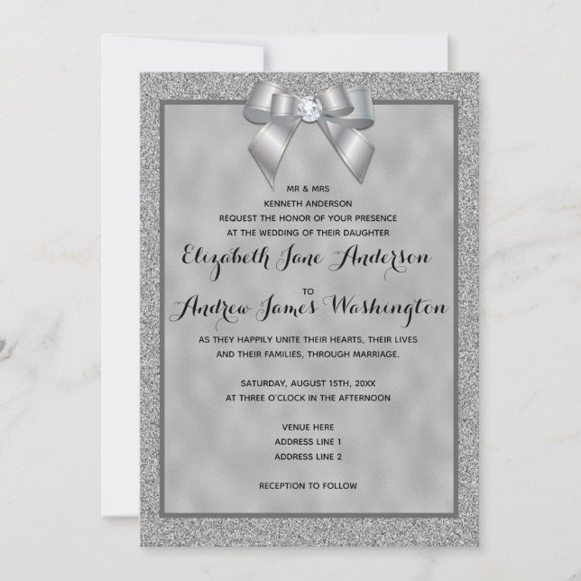 Elegant Silver & Stylish Glitter Wedding Invitation (Front)