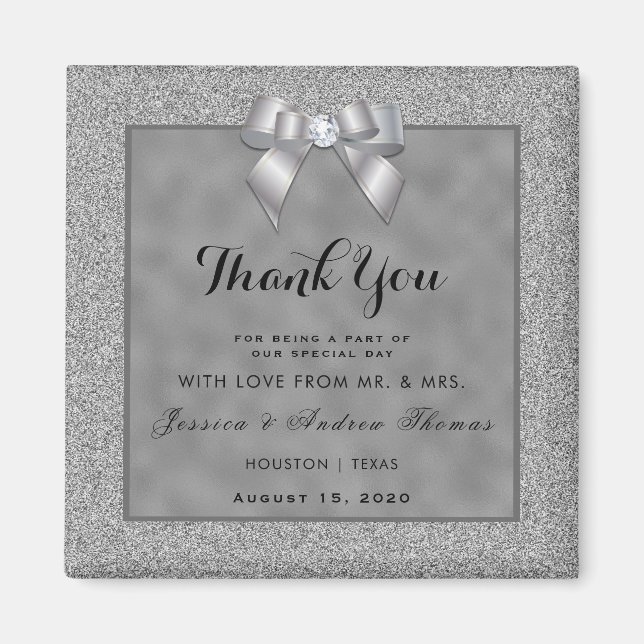 Elegant Silver & Stylish Glitter Wedding Magnet (Front)