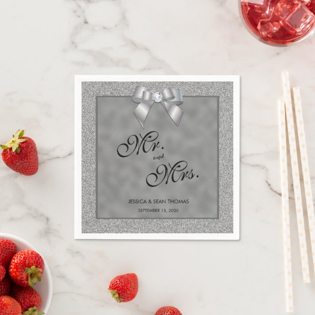 Elegant Silver & Stylish Glitter Wedding Napkin (Insitu)
