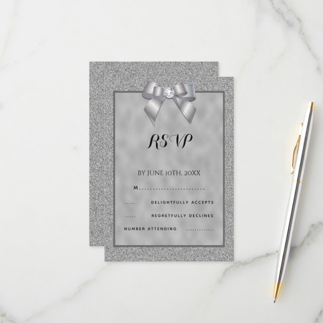 Elegant Silver & Stylish Glitter Wedding RSVP Card (Front/Back In Situ)