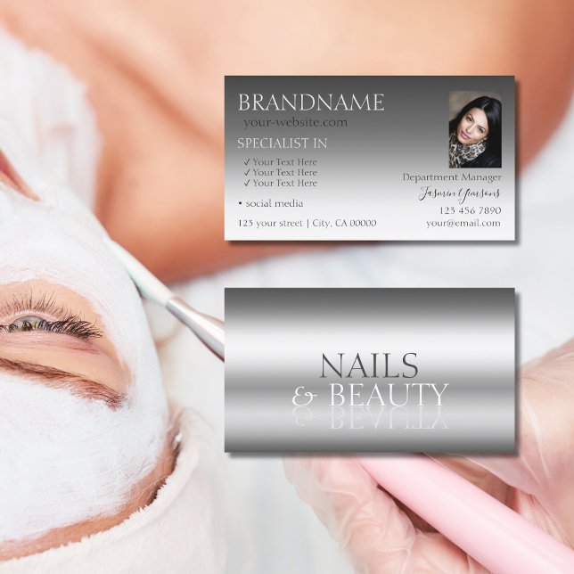 Elegant Silver Stylish Mirror Font Chic with Photo Business Card (Creator Uploaded)