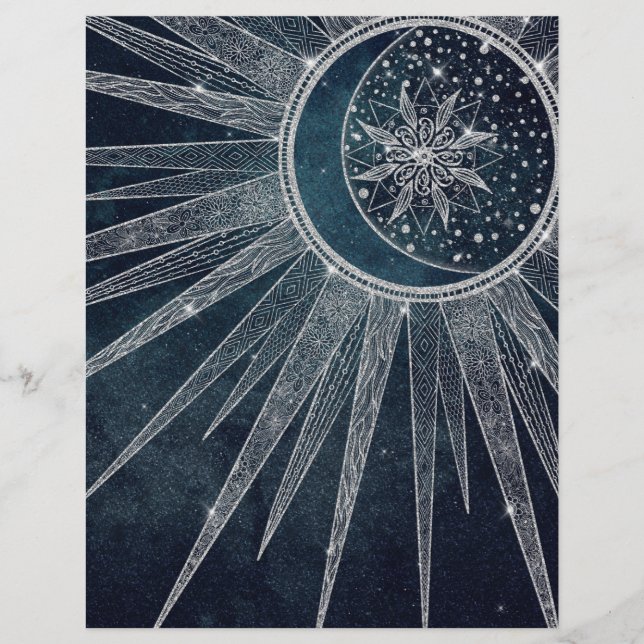 Elegant Silver Sun Moon Doodle Mandala Blue Design Custom Letterhead (Front)