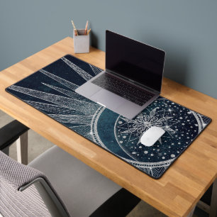 Elegant Silver Sun Moon Doodle Mandala Blue Design Desk Mat