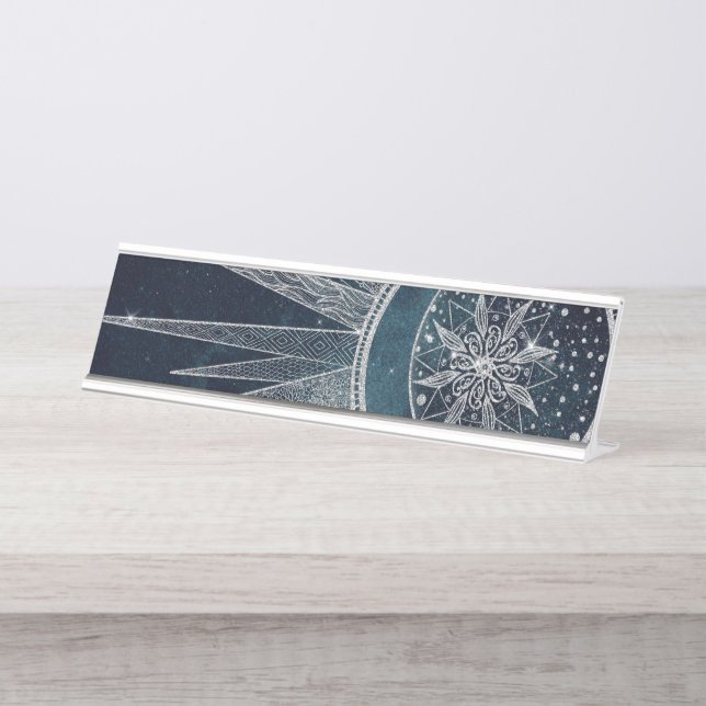 Elegant Silver Sun Moon Doodle Mandala Blue Design Desk Name Plate (Front)
