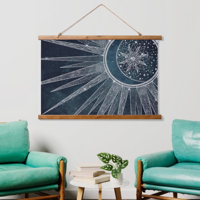 Elegant Silver Sun Moon Doodle Mandala Blue Design Hanging Tapestry (Living Room)