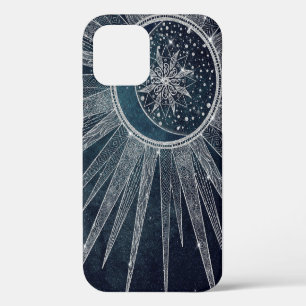 Elegant Silver Sun Moon Doodle Mandala Blue Design iPhone 12 Case