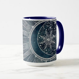 Elegant Silver Sun Moon Doodle Mandala Blue Design Mug