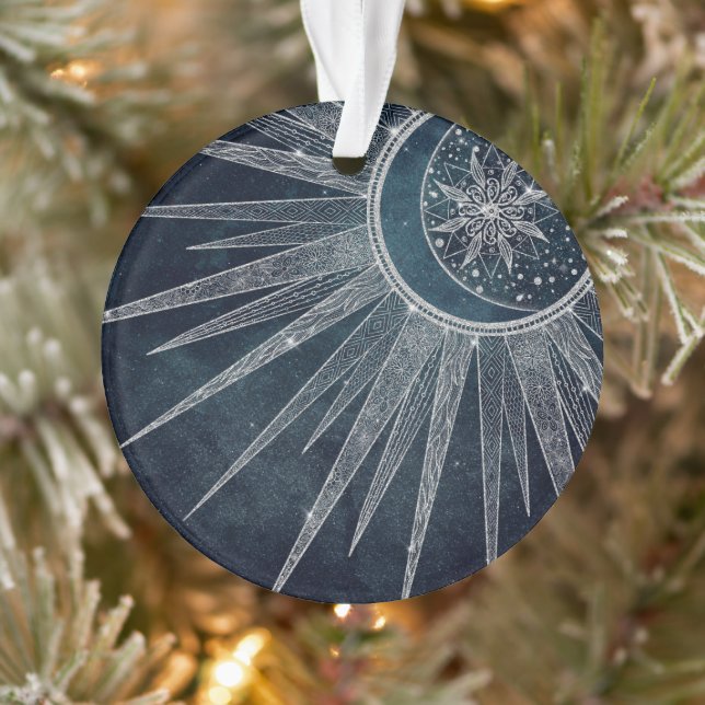 Elegant Silver Sun Moon Doodle Mandala Blue Design Ornament (Tree)