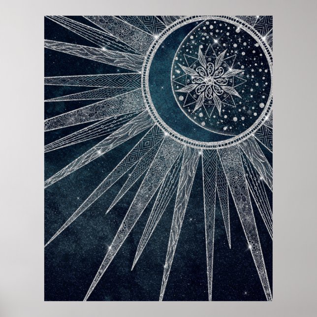 Elegant Silver Sun Moon Doodle Mandala Blue Design Poster (Front)