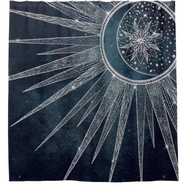 Elegant Silver Sun Moon Doodle Mandala Blue Design Shower Curtain (Front)