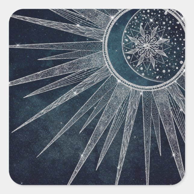 Elegant Silver Sun Moon Doodle Mandala Blue Design Square Sticker (Front)