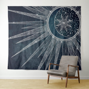 Elegant Silver Sun Moon Doodle Mandala Blue Design Tapestry