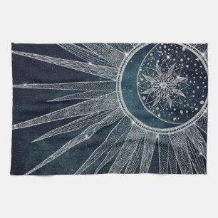 Elegant Silver Sun Moon Doodle Mandala Blue Design Tea Towel
