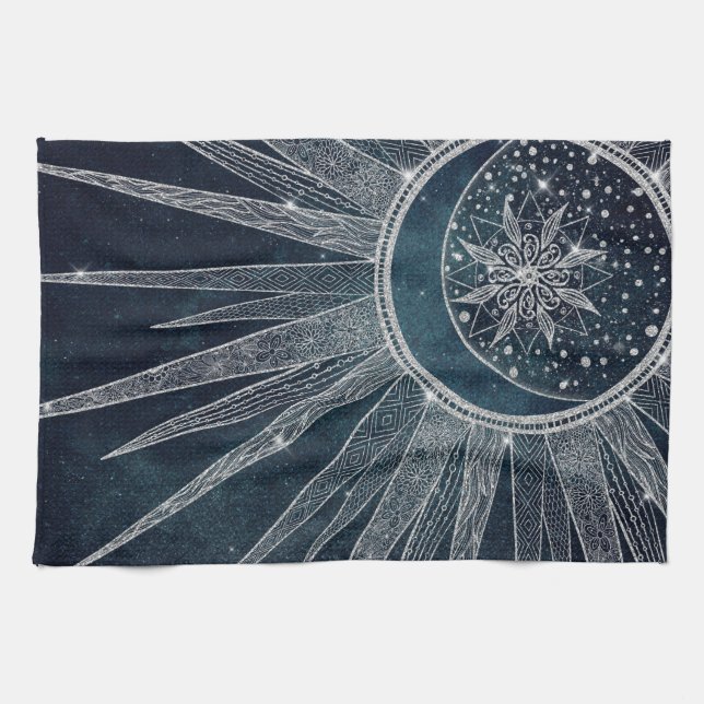Elegant Silver Sun Moon Doodle Mandala Blue Design Tea Towel (Horizontal)