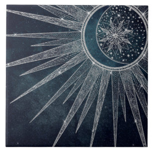 Elegant Silver Sun Moon Doodle Mandala Blue Design Tile