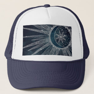 Elegant Silver Sun Moon Doodle Mandala Blue Design Trucker Hat