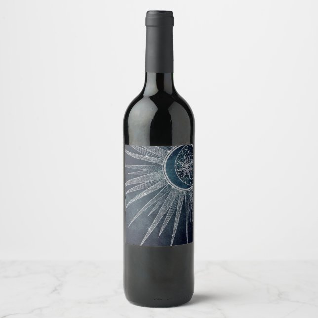 Elegant Silver Sun Moon Doodle Mandala Blue Design Wine Label (Front)