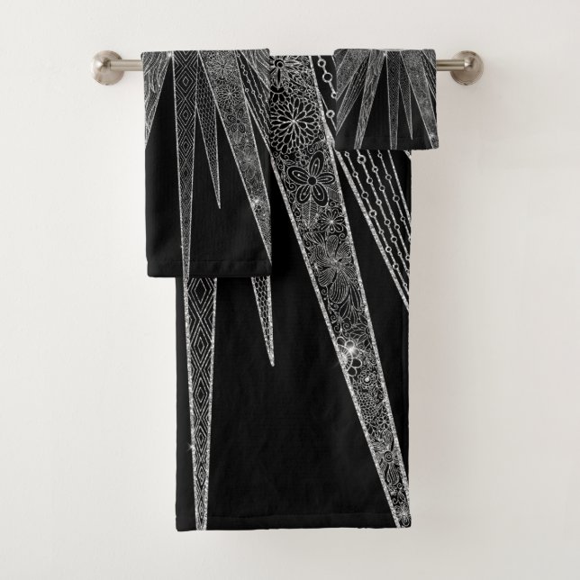 Elegant Silver Sun Moon Mandala Black Design Bath Towel Set (Insitu)