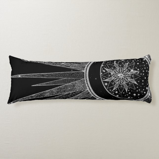 Elegant Silver Sun Moon Mandala Black Design Body Cushion (Front)