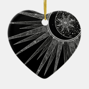 Elegant Silver Sun Moon Mandala Black Design Ceramic Tree Decoration