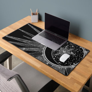 Elegant Silver Sun Moon Mandala Black Design Desk Mat
