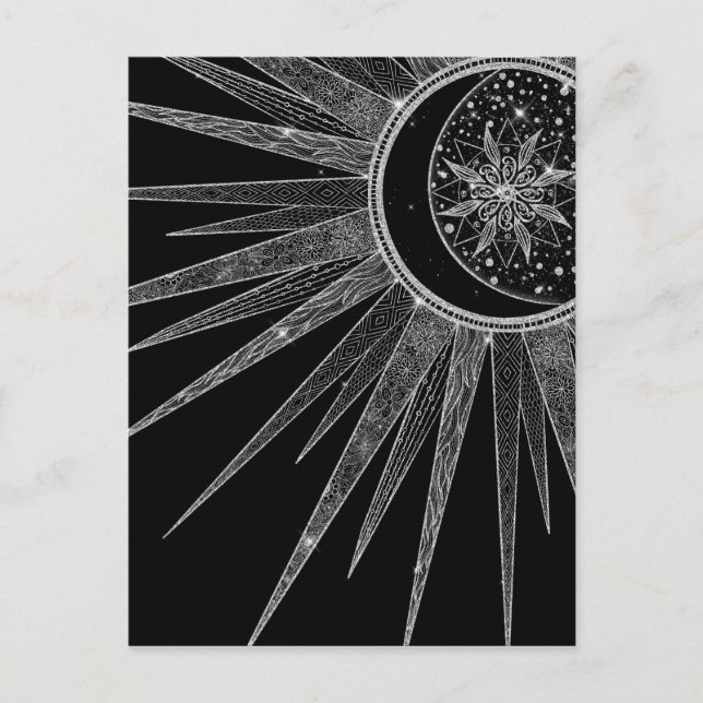 Elegant Silver Sun Moon Mandala Black Design Holiday Postcard (Front)