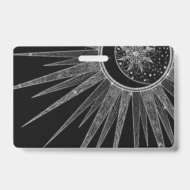 Elegant Silver Sun Moon Mandala Black Design ID Badge (Front)