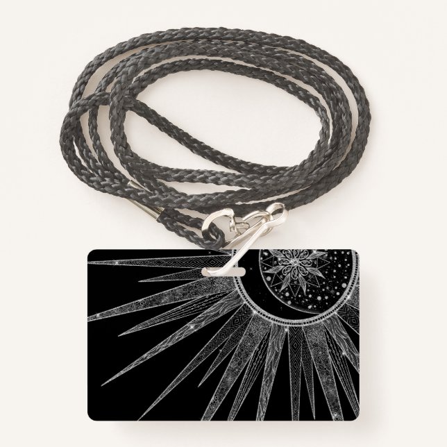 Elegant Silver Sun Moon Mandala Black Design ID Badge (Front with Lanyard)