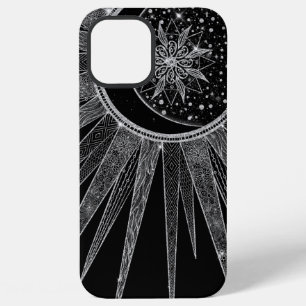 Elegant Silver Sun Moon Mandala Black Design iPhone 12 Pro Max Case