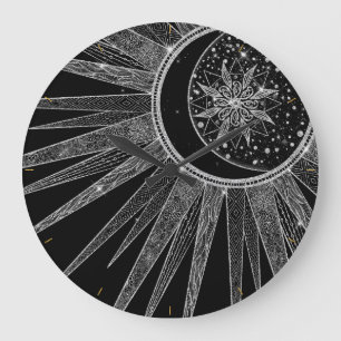 Elegant Silver Sun Moon Mandala Black Design Large Clock