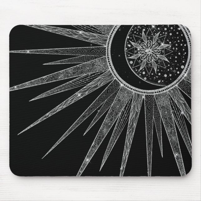 Elegant Silver Sun Moon Mandala Black Design Mouse Mat (Front)