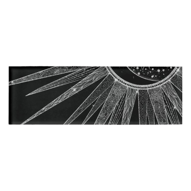 Elegant Silver Sun Moon Mandala Black Design Name Tag (Front)