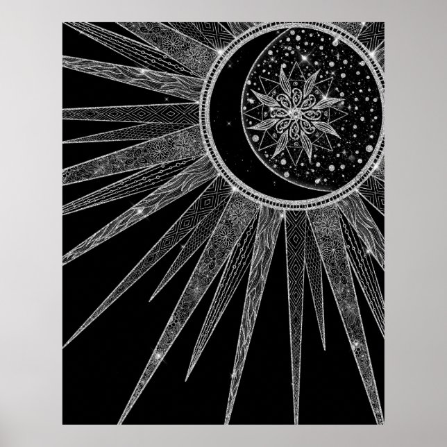 Elegant Silver Sun Moon Mandala Black Design Poster (Front)