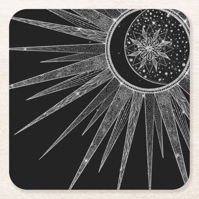 Elegant Silver Sun Moon Mandala Black Design Square Paper Coaster (Front)