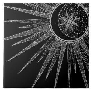 Elegant Silver Sun Moon Mandala Black Design Tile