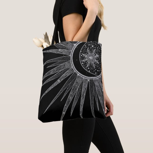 Elegant Silver Sun Moon Mandala Black Design Tote Bag (Close Up)