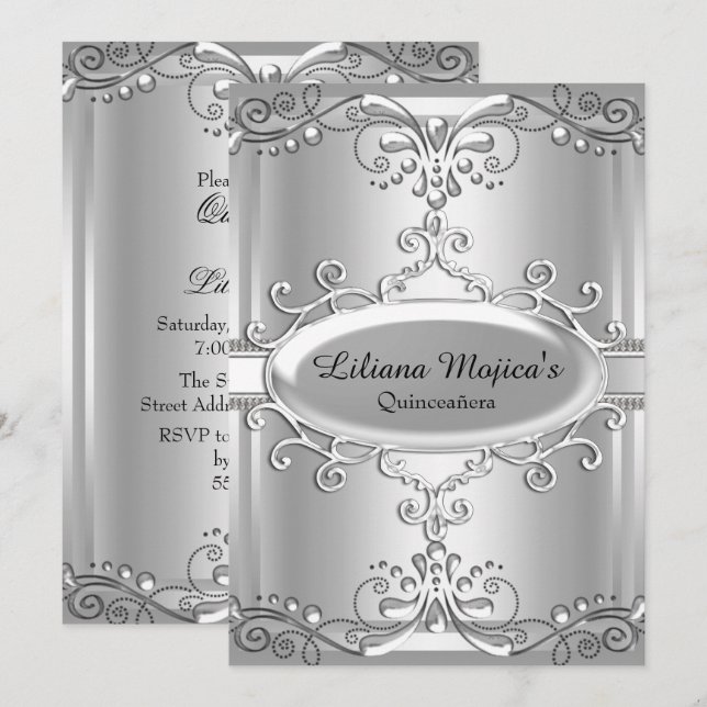 Elegant Silver Swirl Quinceanera Invitation (Front/Back)