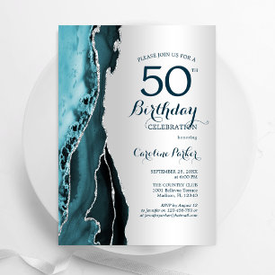 Elegant Silver Teal Agate 50th Birthday Invitation