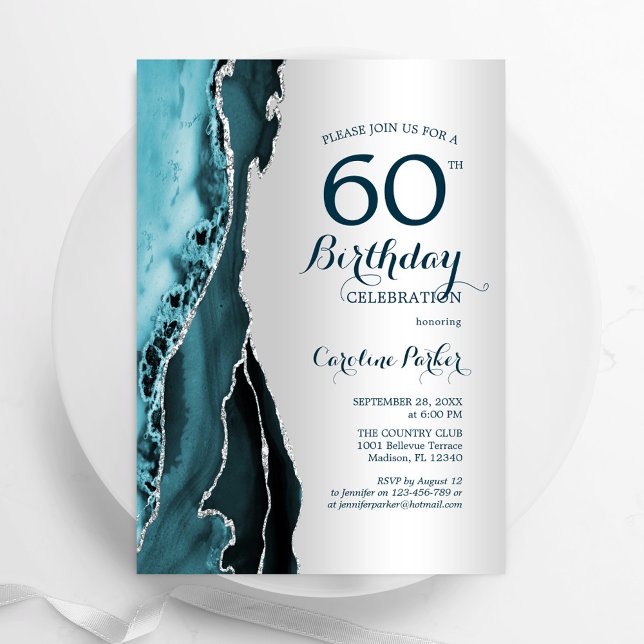 Elegant Silver Teal Agate 60th Birthday Invitation (Creator Uploaded)