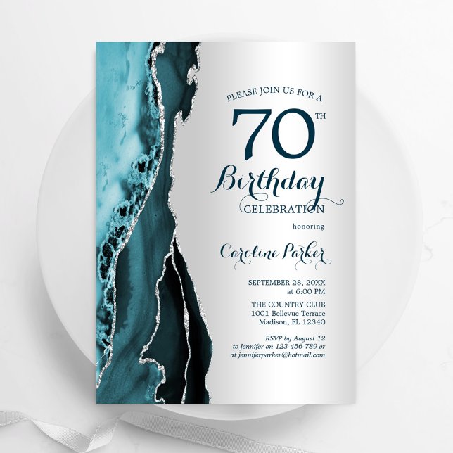 Elegant Silver Teal Agate 70th Birthday Invitation (Creator Uploaded)