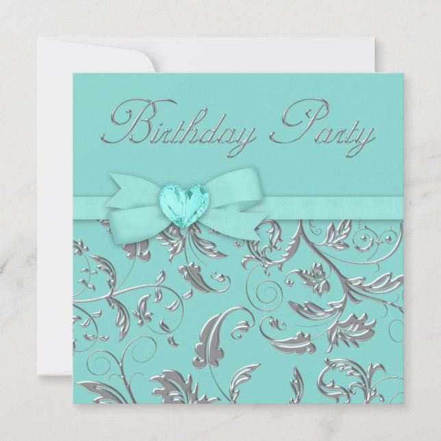 Elegant Silver Teal Blue Birthday Party Invitation (Front)