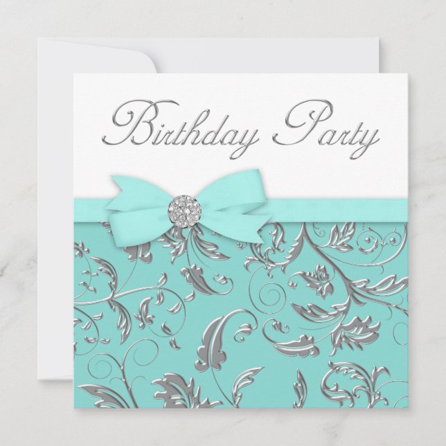 Elegant Silver Teal Blue Birthday Party Invitation (Front)