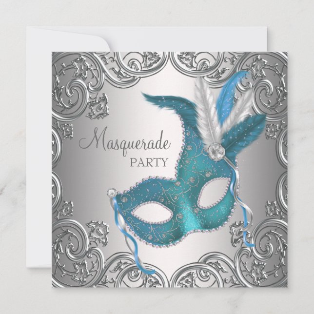 Elegant Silver Teal Blue Masquerade Party Invitation (Front)