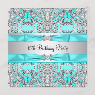 Elegant Silver Teal Blue Quinceanera Invitation